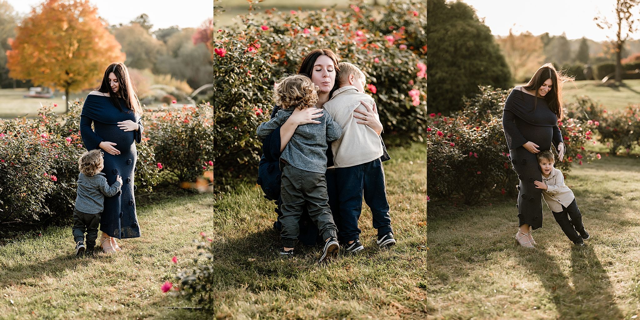 A series of candid outdoor engagement photos showing a couple embracing in a golden autumn setting.