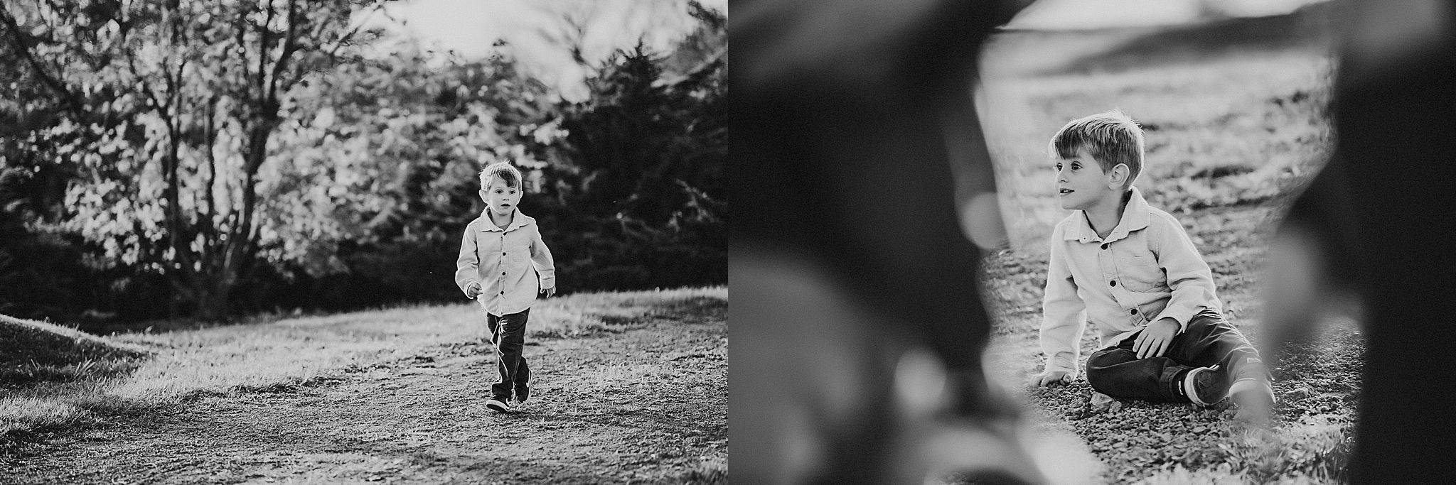 Black and white candid photos showing people exploring a pumpkin patch at sunset.