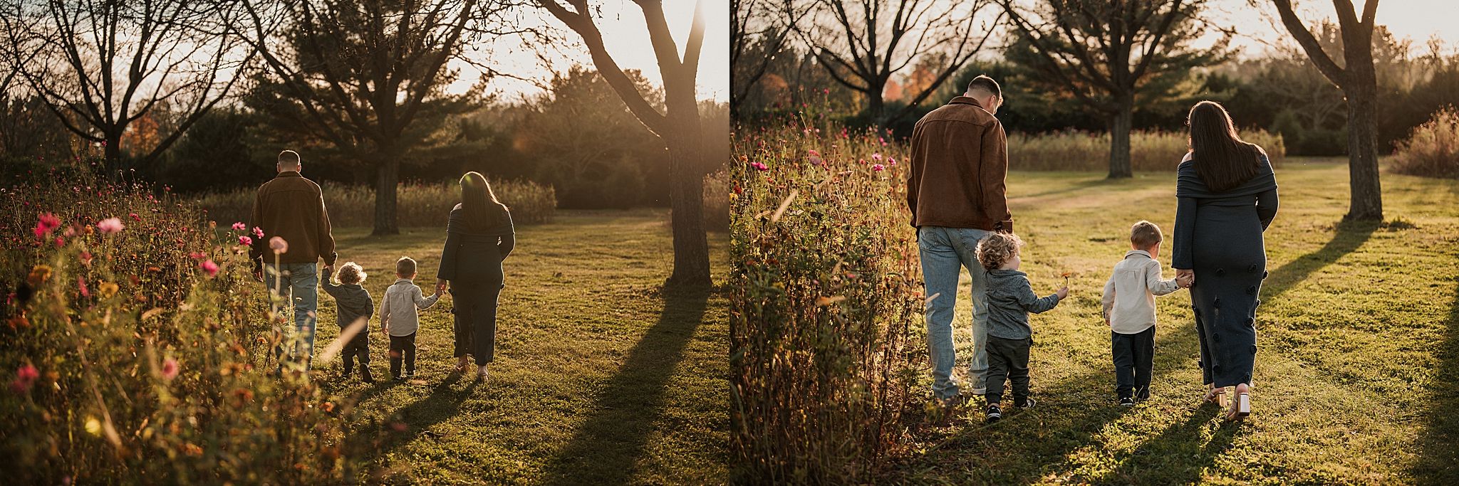 A couple walks hand in hand through a golden autumn park during sunset with long shadows on the grass.