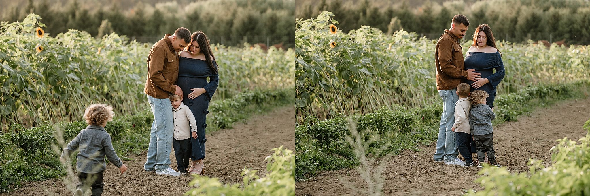 A couple walks together on a dirt trail surrounded by lush greenery and wildflowers on a sunny day.