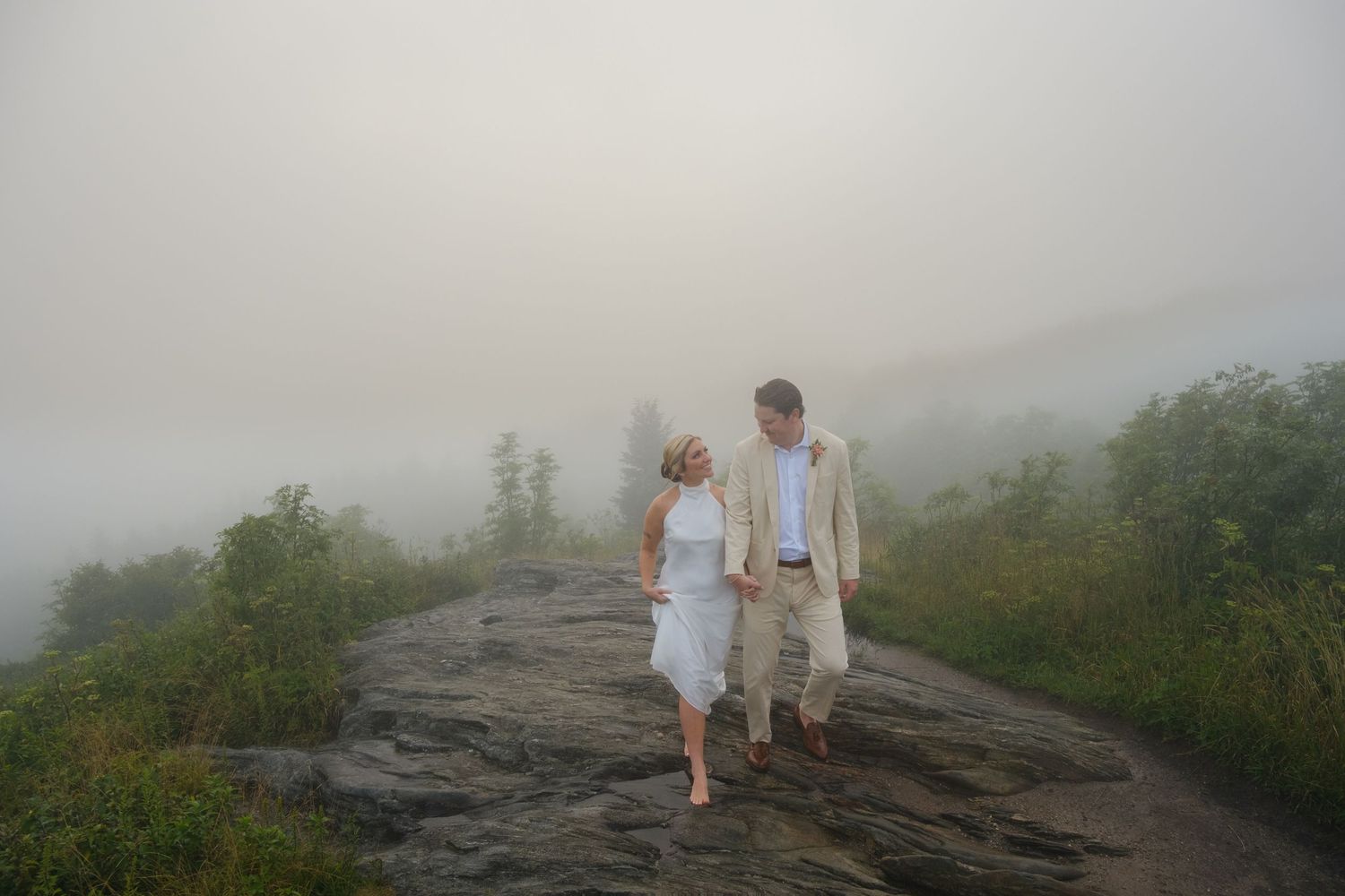 Rose + Reid Blue Ridge Parkway Elopement July 2025. In the fog at the top of Black Balsam Knob Photography by Stephanie A Smith Photography