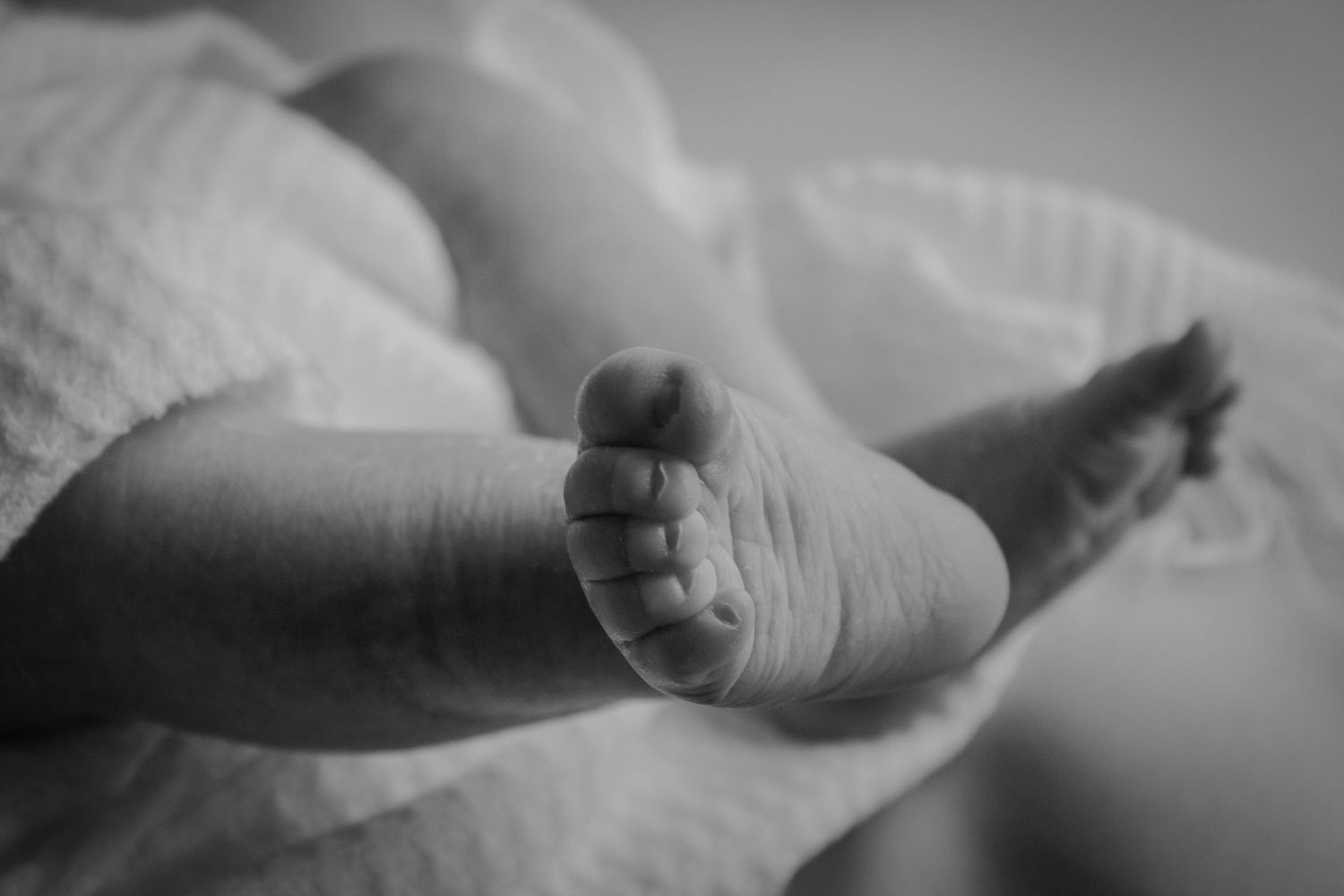 Close up black and white photograph of newborn baby feet