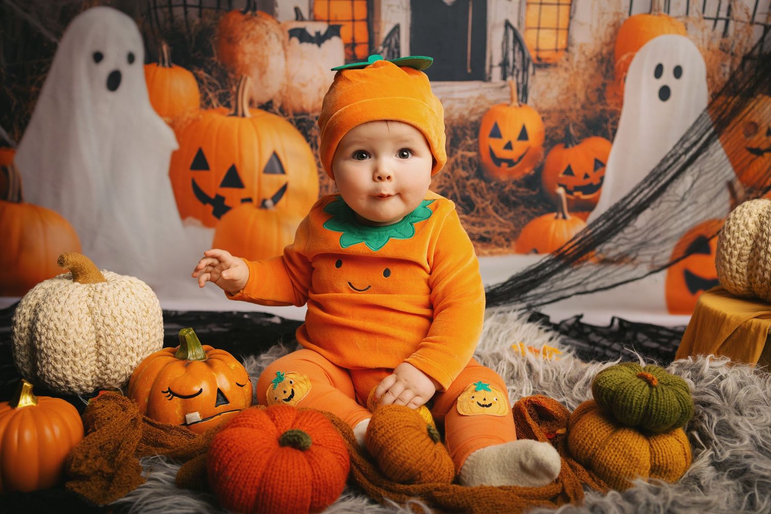 Cute baby dressed as a pumpkin surrounded by Halloween decorations with pumpkins, ghosts, and spooky decor create a festive autumn display.