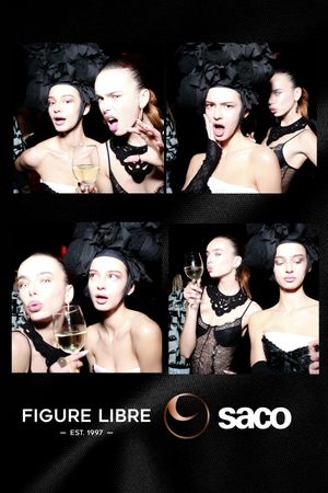 A black and white photo collage showing four dramatic party scenes with people posing and drinking at a nightclub event.
