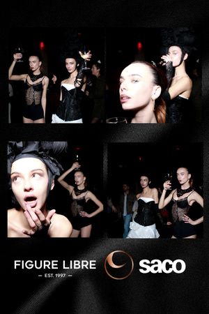 A dark nightclub collage featuring silhouettes of people dancing and posing with Figure Libre and Saco branding elements.