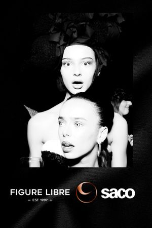 Black and white fashion advertisement showing dramatic expressions with Figure Libre and Saco logos at bottom.