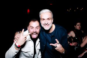 A series of six black and white party photos showing people making silly faces and gestures at a nightclub event.
