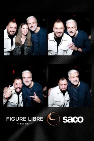 Photo booth strip showing friends posing together in black and white with Figure Libre and Saco logos at bottom.