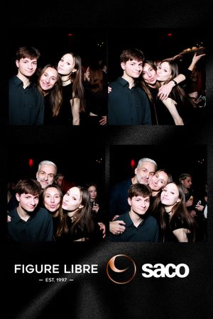 Dark nightclub photos showing people socializing and posing together with Figure Libre and Saco branding visible.