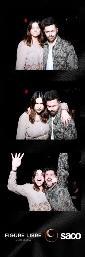 A series of photo booth style black and white images showing a couple posing and laughing together against a dark background.