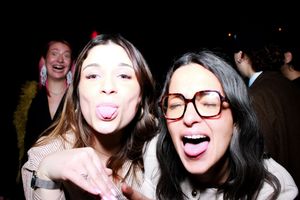 A series of candid photo booth style snapshots showing people making silly faces and having fun at a party.
