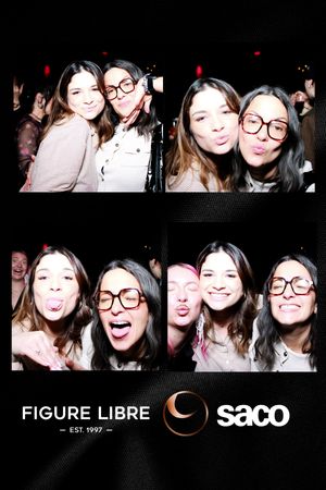 A collage of black and white photo booth style images showing friends posing together with dark backgrounds.