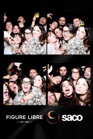 A collage of photo booth style black and white images showing people laughing and posing together with company logos.