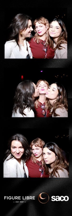 A photo booth strip shows three friends posing playfully together in black and white against a dark background.