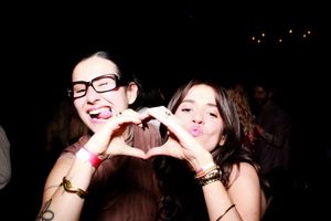 Three candid party photos show people laughing and having fun together in dimly lit settings.