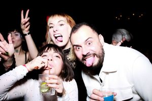 A series of photo booth style party snapshots showing people laughing and having fun at a social gathering.