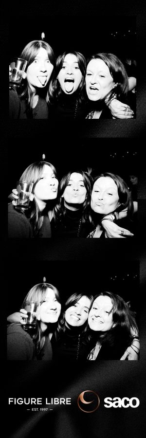 Black and white photo collage showing playful expressions and poses in a photo booth style arrangement with Saco branding.