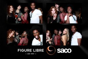 A photo booth collage showing a group of friends posing and having fun at a Figure Libre and Saco branded event.