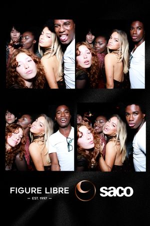 A collage of dark party photos arranged in a horizontal layout with Figure Libre and Saco branding.
