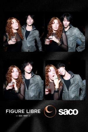 Four photo booth style images showing a couple with curly red hair and leather jackets posing playfully with drinks at a bar.