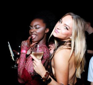 Four sequential photos showing two people enjoying drinks and laughing together at a nightclub or party.