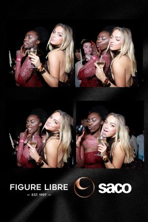 Dark nightclub photo collage showing people dancing and socializing in atmospheric lighting with Figure Libre and Saco branding.