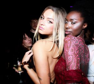 A sequence of nightclub party photos showing people dancing and socializing in dim lighting.