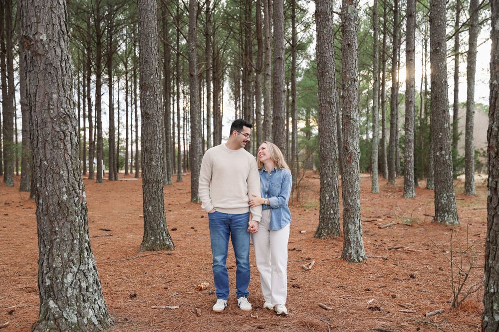 People walking through a pine forest with reddish-brown soil and tall evergreen trees creating a scenic woodland path.