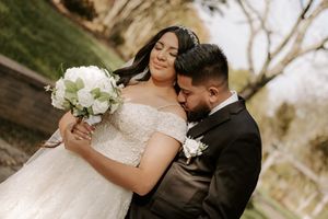 A romantic collection of wedding photos showing tender moments between newlyweds in an outdoor garden setting.