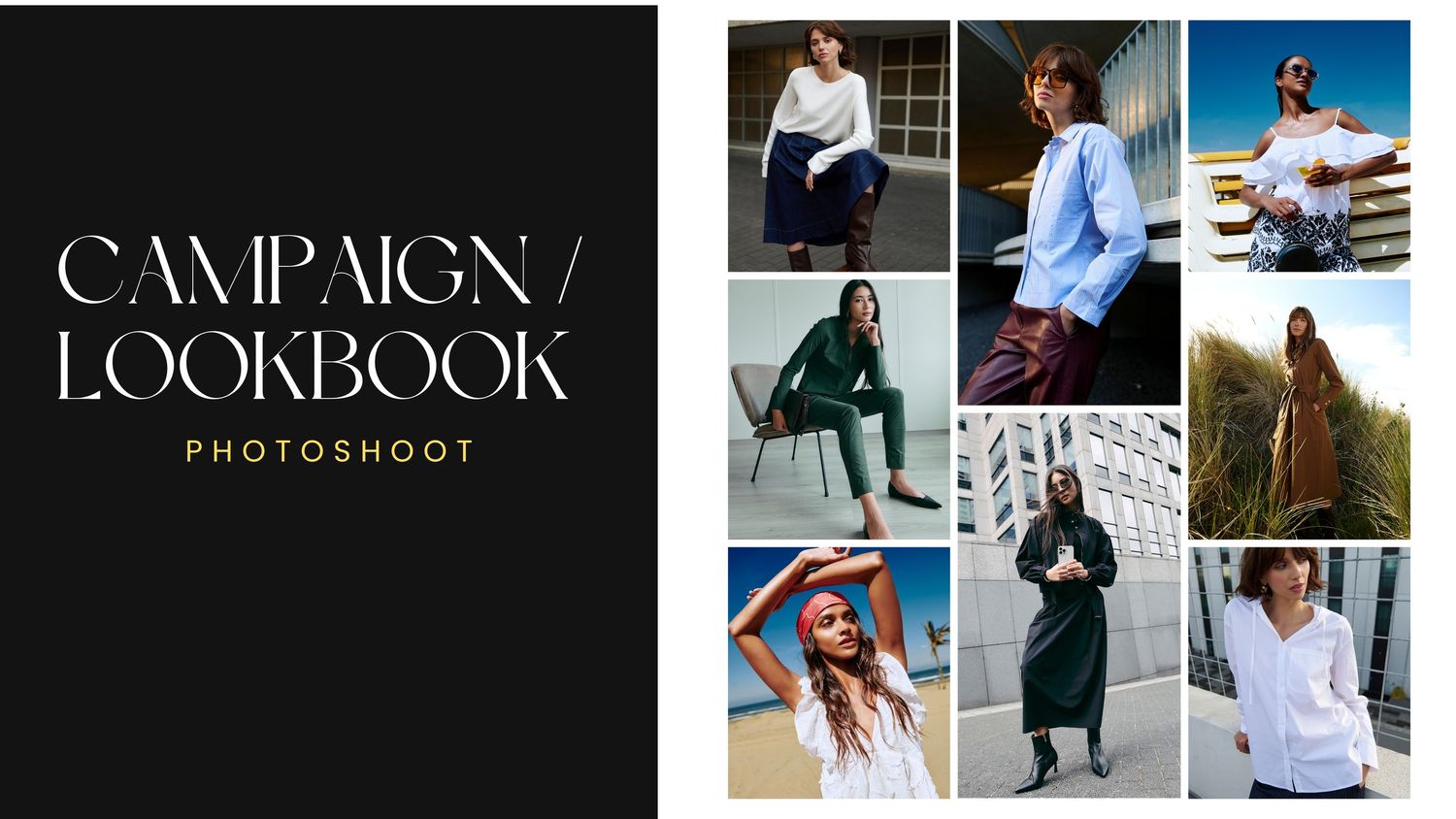 A grid of fashion clothing items including sweaters, dresses, pants and tops in neutral colors arranged in a collage layout.
