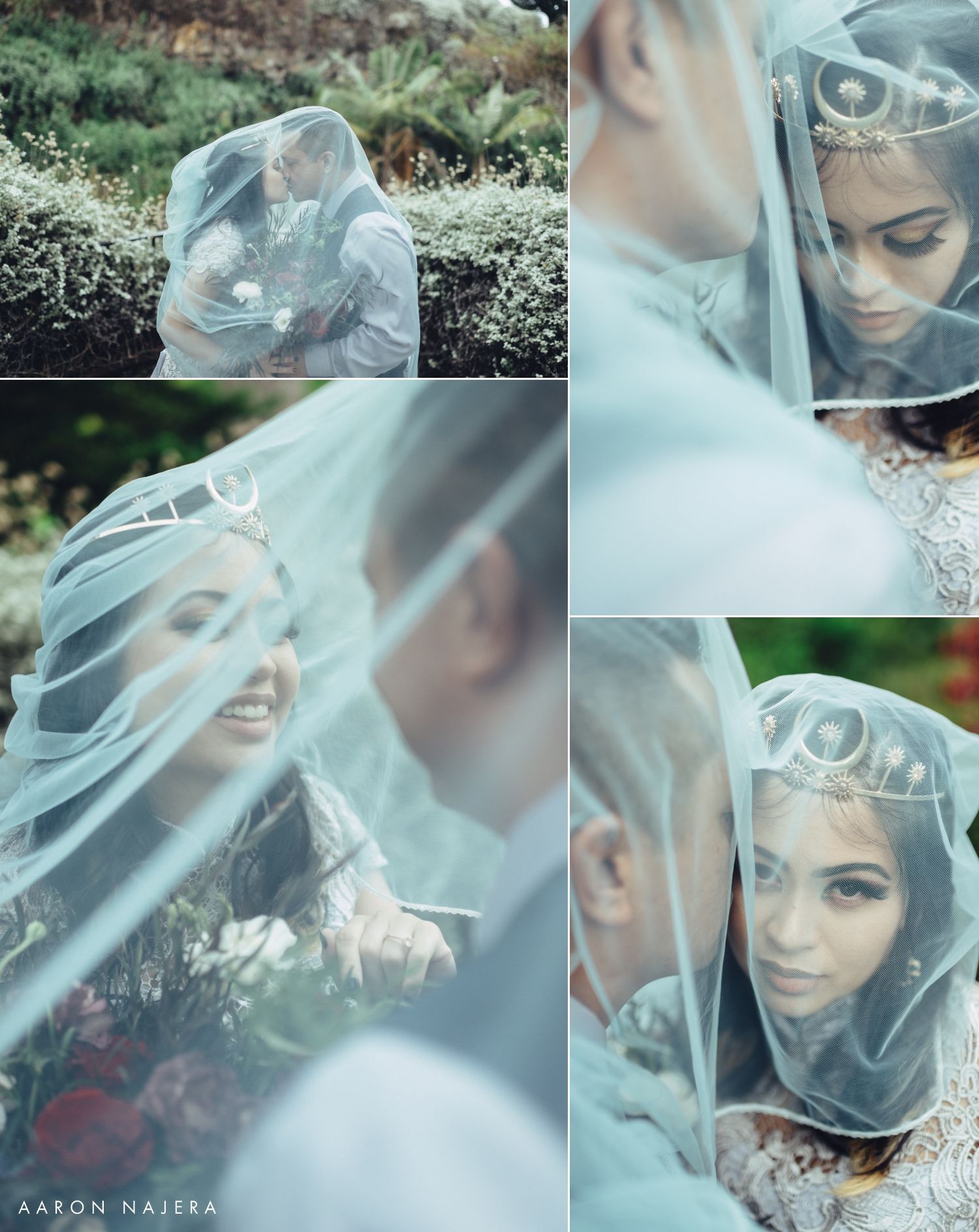Close-up shots through delicate bridal veil creating dreamy ethereal effect.