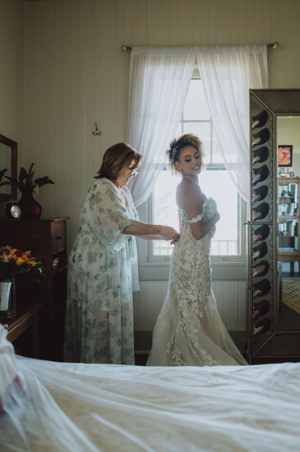 Wedding preparation sequence showing getting ready moments in a sunlit room.