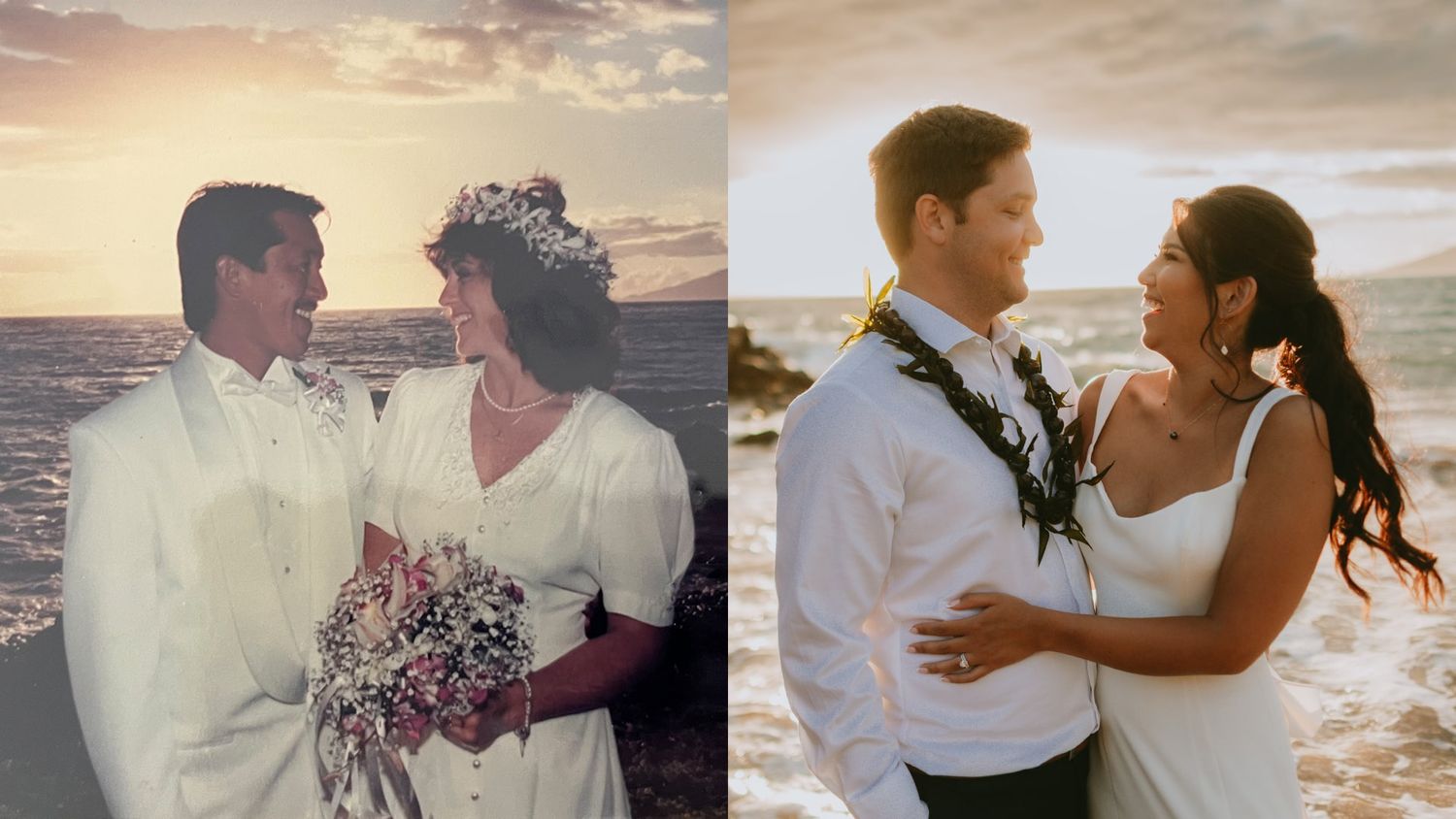 Romantic beach wedding photoshoot during a golden sunset in Hawaii.