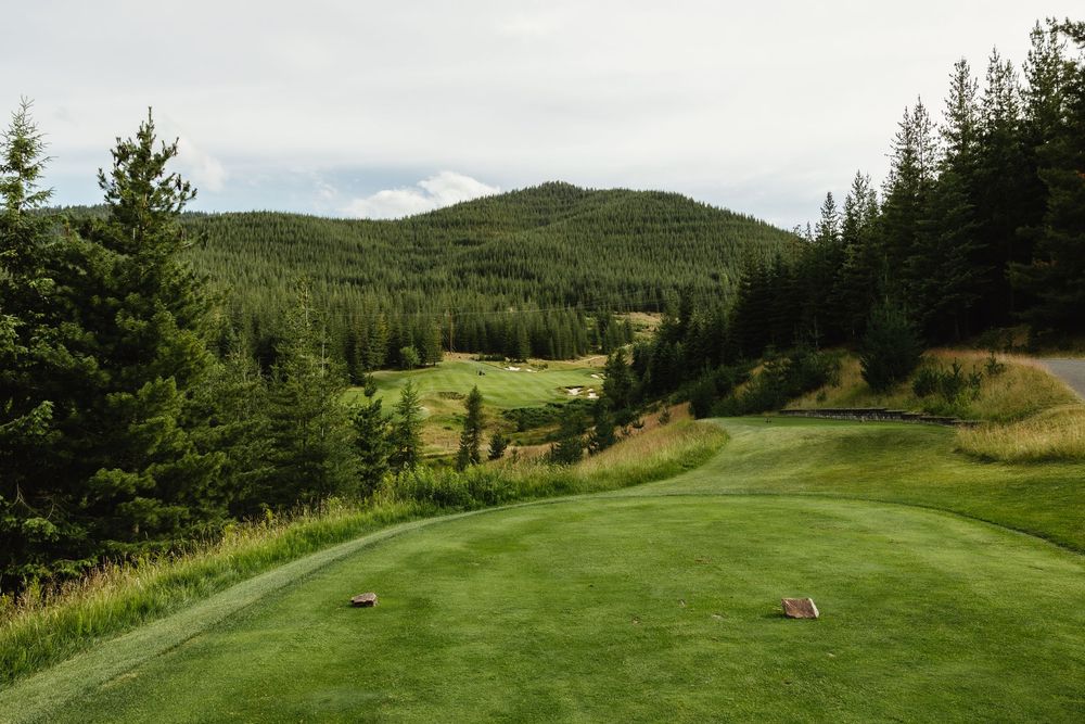 Panoramic view of a golf hole with mountains and evergreen forests in the background.