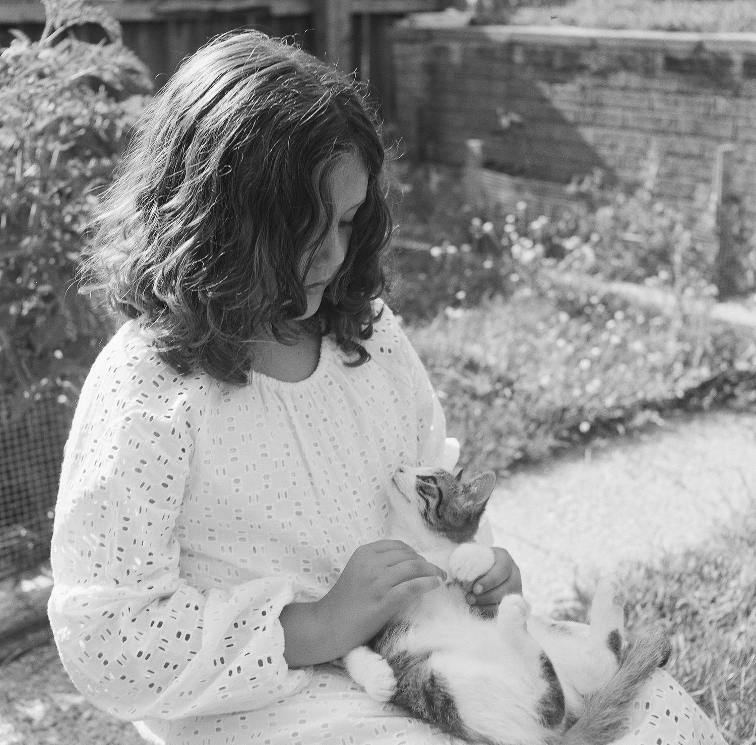 A person in a white eyelet dress sits outdoors with a white cat in their lap in this vintage black and white photograph.