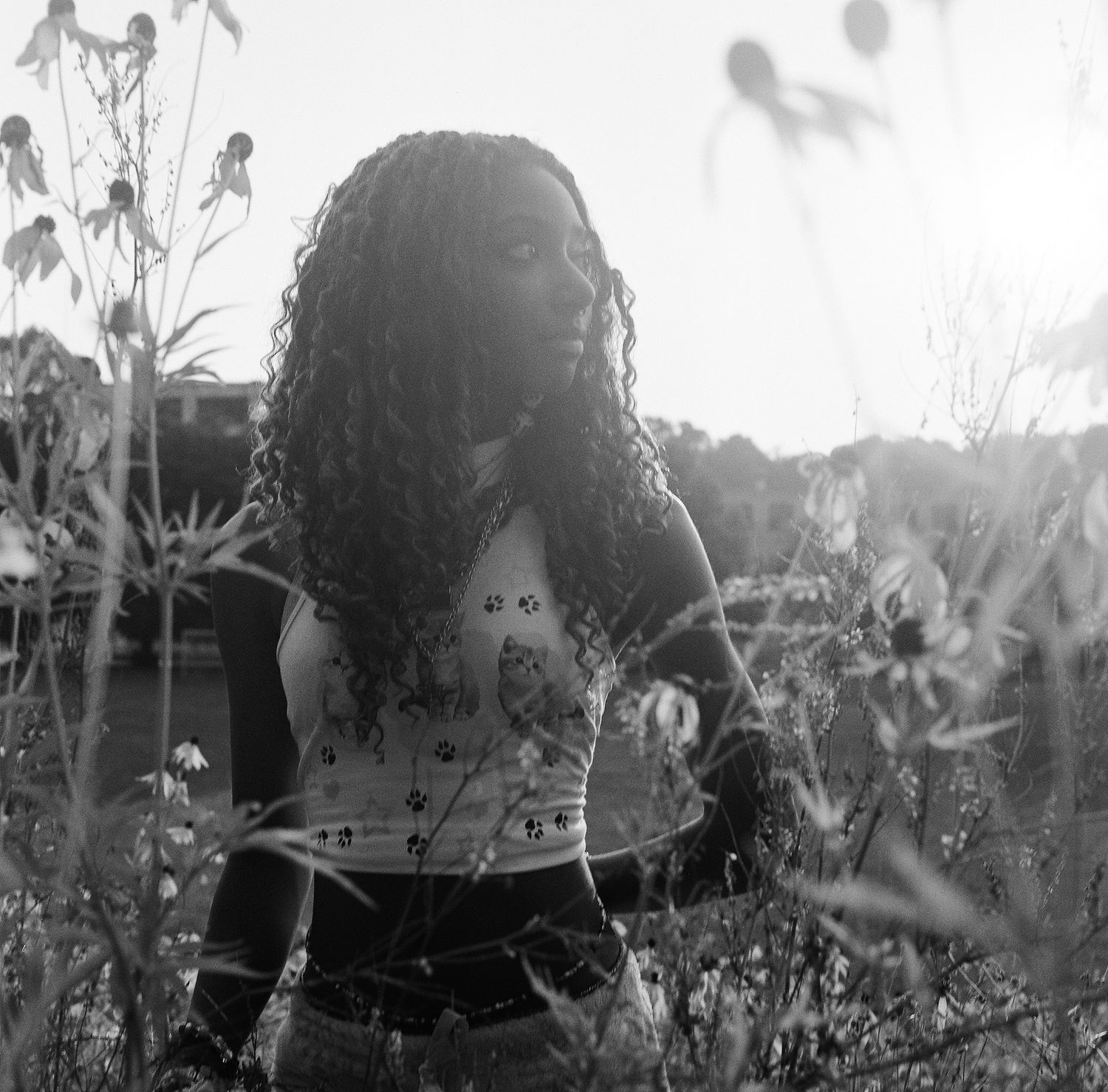 Artistic black and white portrait series showing silhouettes in a dreamy outdoor garden setting with bokeh effects.