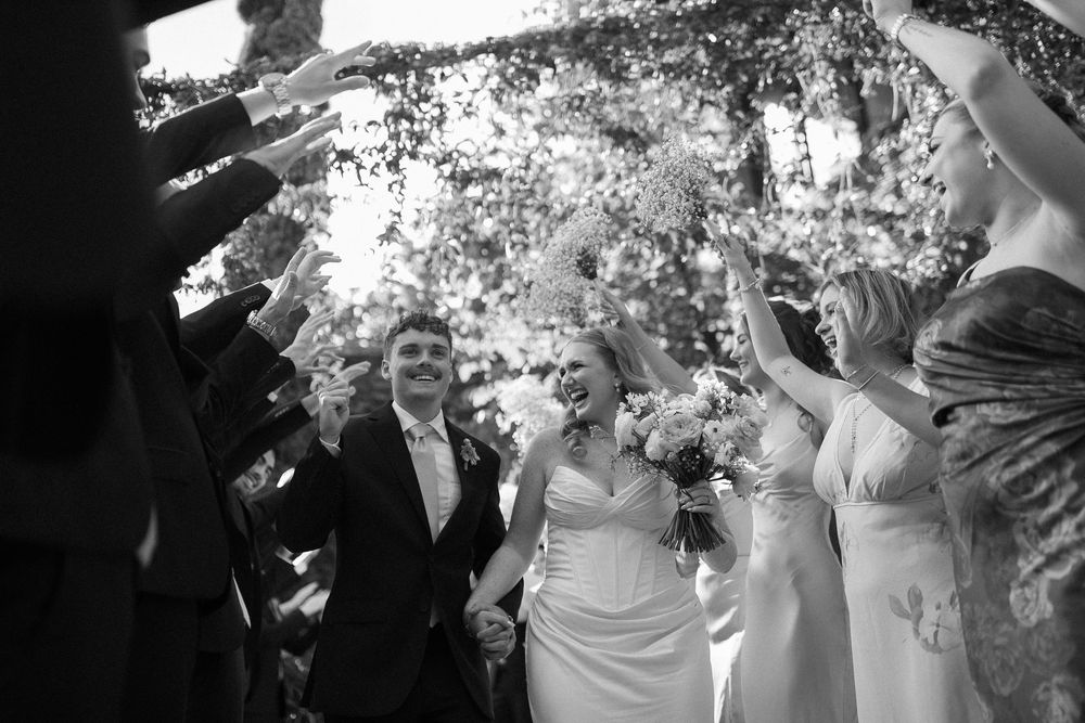 Black and white photo of wedding party portraits at a Georgia wedding venue named at Summerour Studio