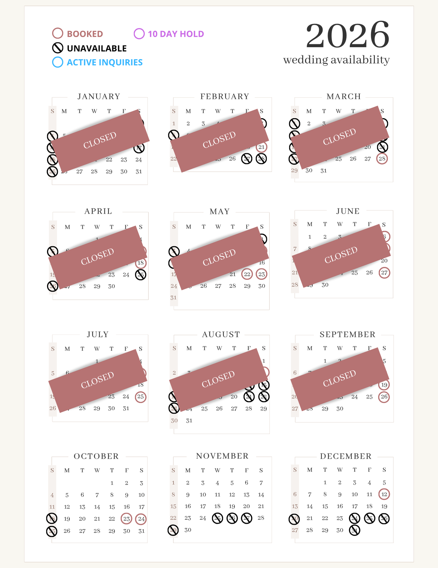 2026 wedding venue availability calendar showing months marked as booked, unavailable, and active requests.