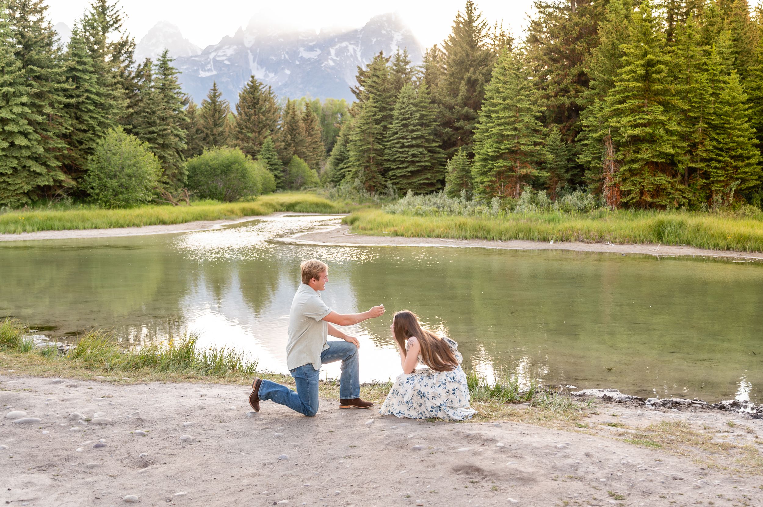 Proposal at Schwabacher Landing in Grand Teton National Park in the summer