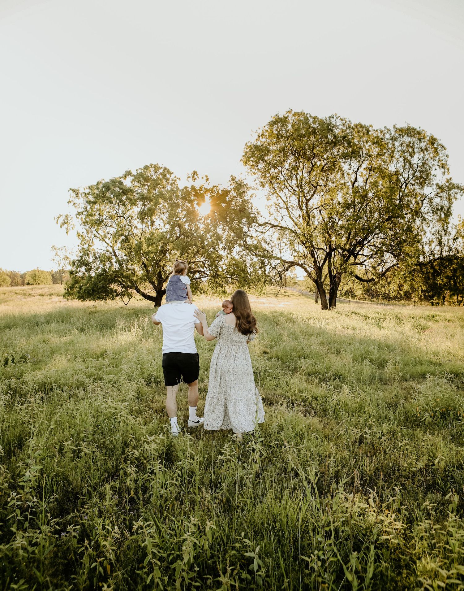 A couple walks hand in hand through a serene meadow with scattered trees during golden hour.