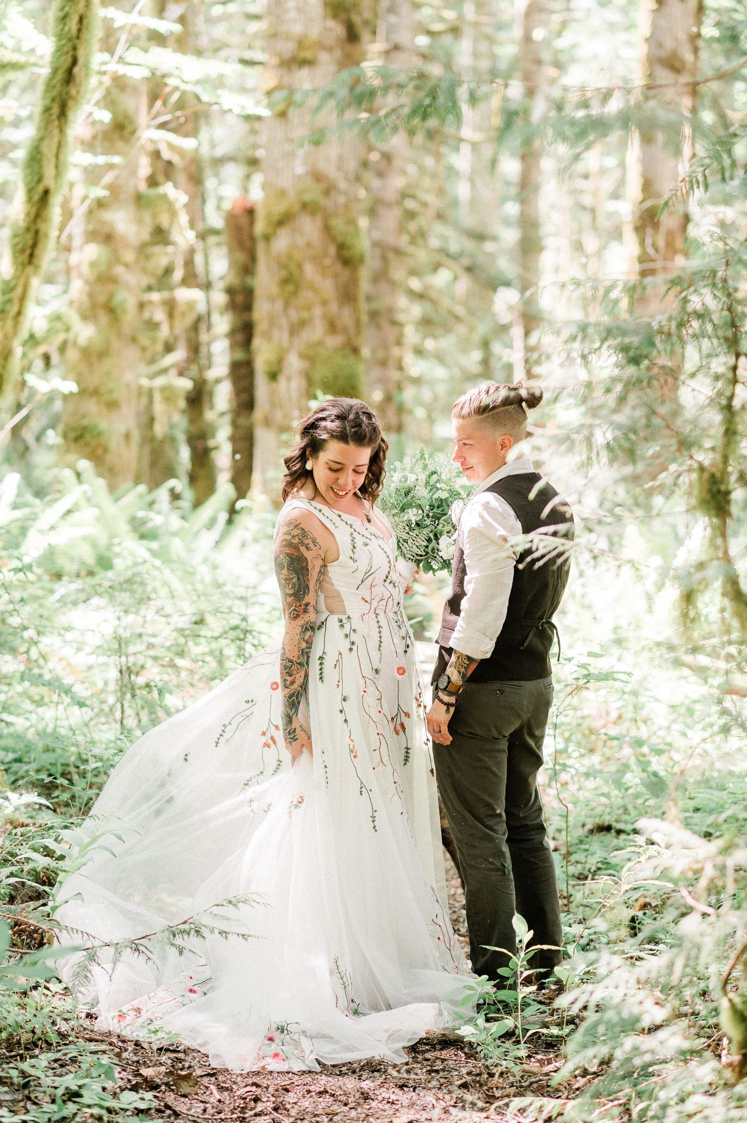 two brides in woods in Sequim, WA