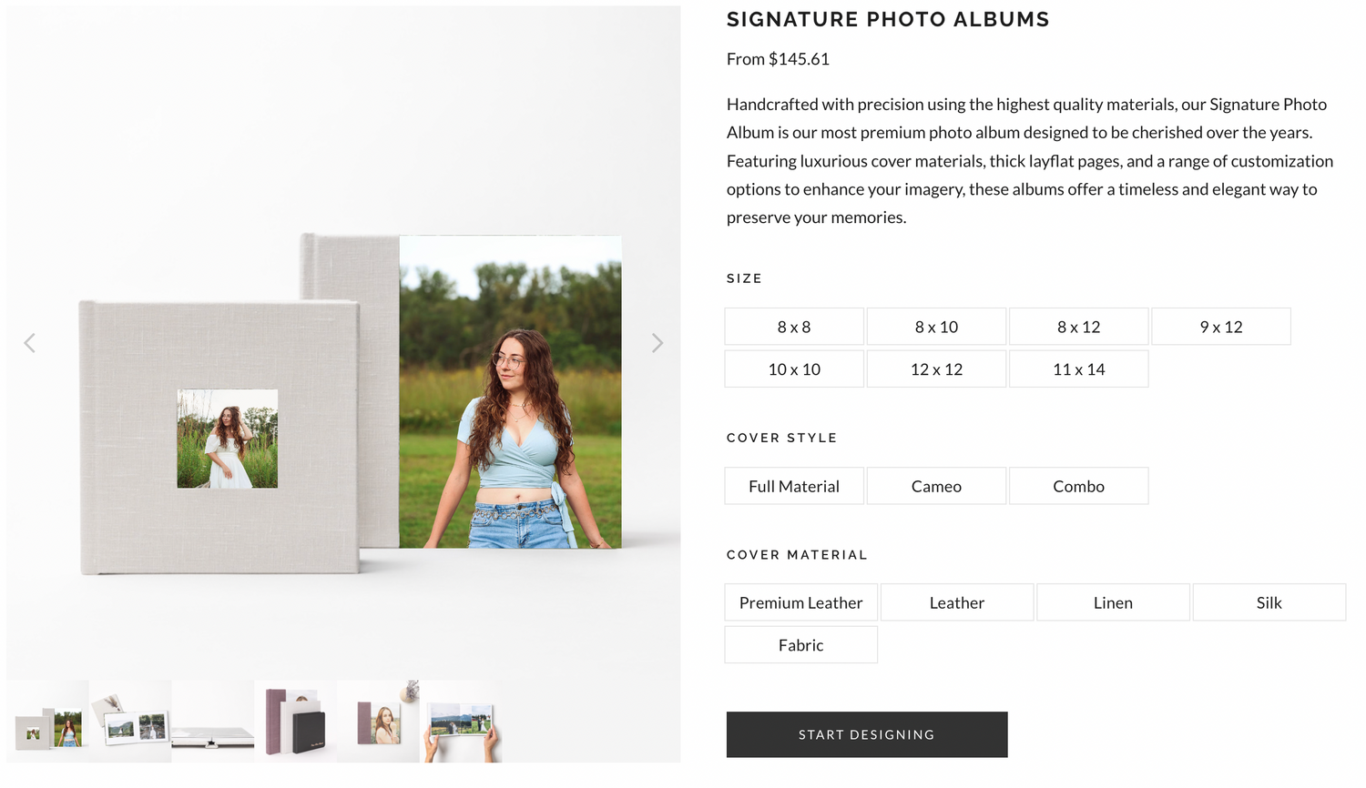 E-commerce page showing photo album product options and pricing.
