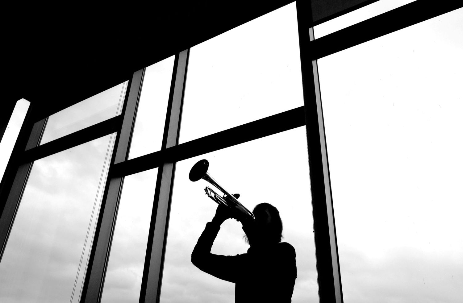 A musician playing the trumpet is silhouetted against a window.