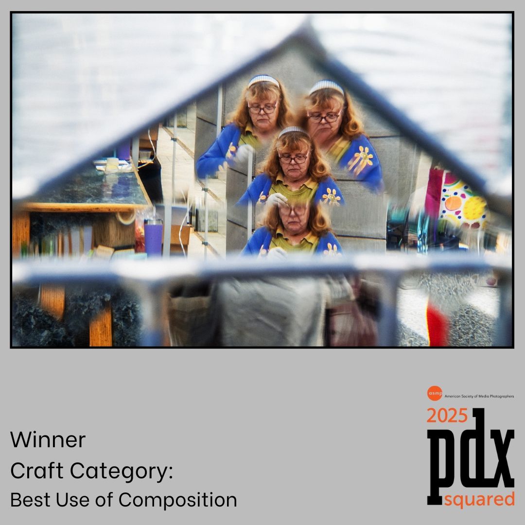 Creative photo composition showing reflections and repetitive figures in a triangular window frame with playful expressions.