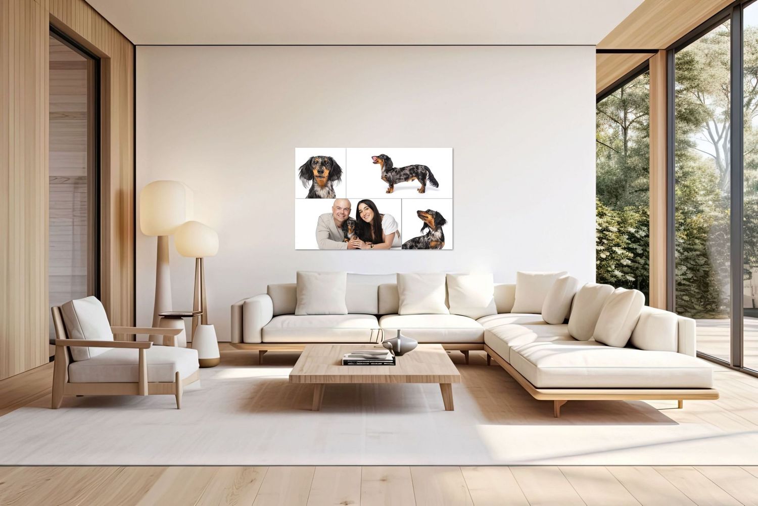 Modern minimalist living room with beige sectional sofa and wall art featuring dog portraits.