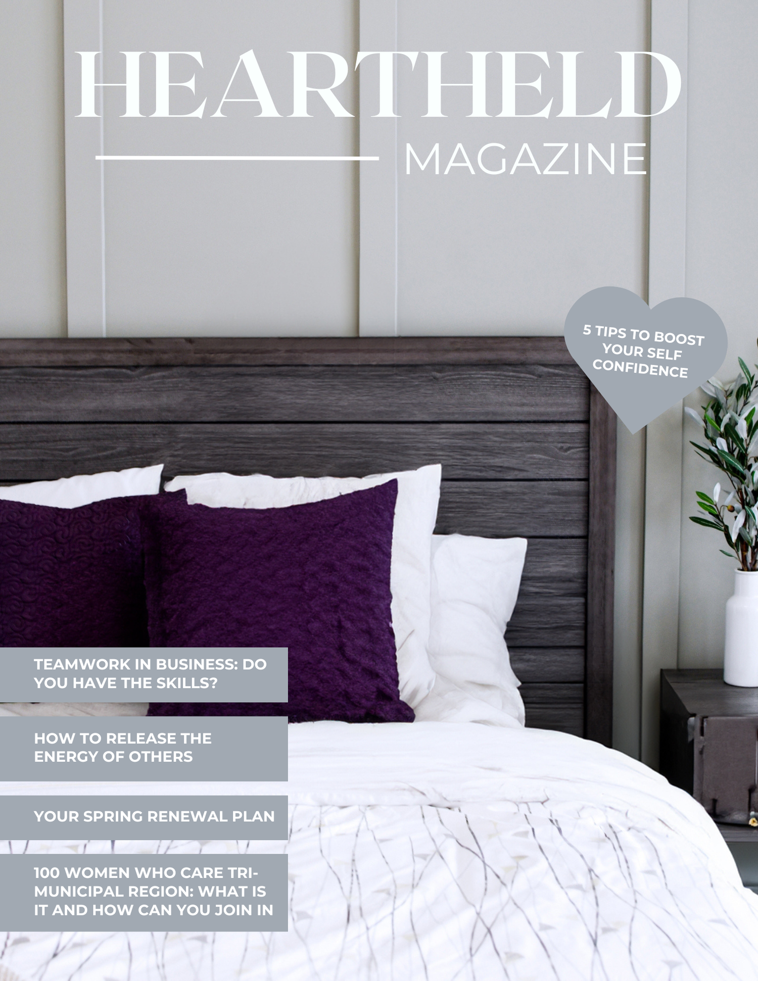 Clean and modern lifestyle magazine cover featuring a cozy bedroom with purple pillows and white bedding against a gray headboard.