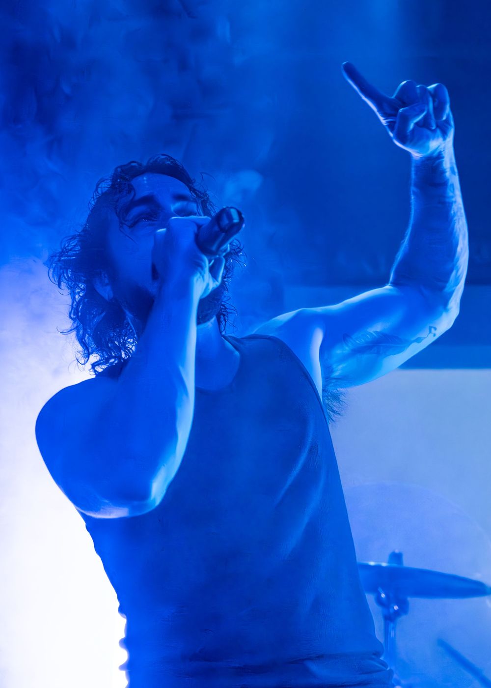 Male vocalist performing on stage in dramatic blue lighting with smoke, raising hand with rock gesture.