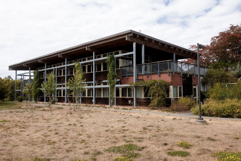 Modern two-story commercial building with glass windows and wood accents surrounded by landscaping.