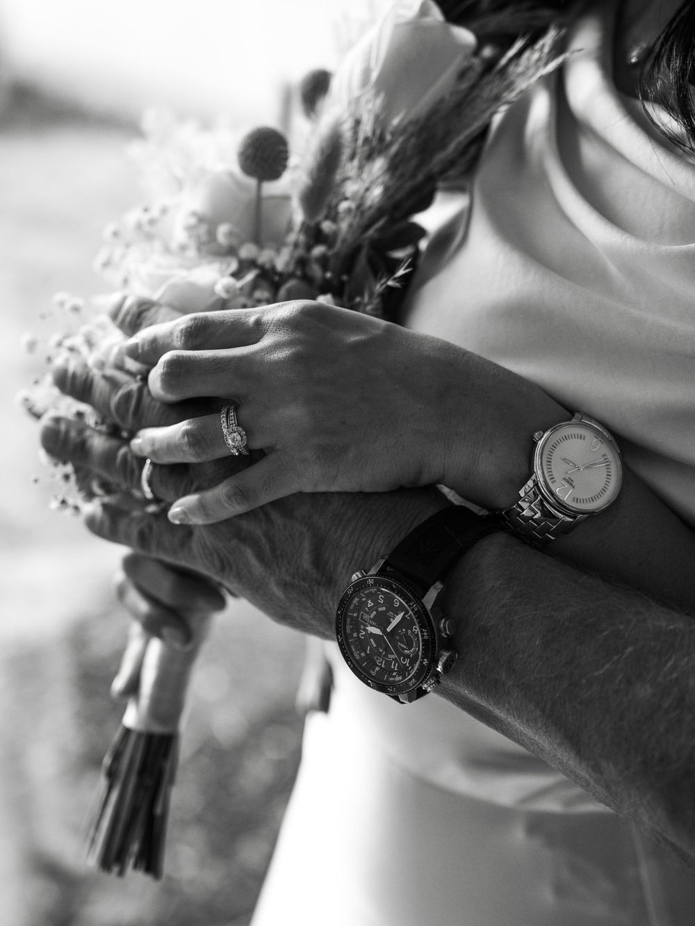 A series of black and white photos showing hands holding a bouquet and wedding ring details in Naples, Florida