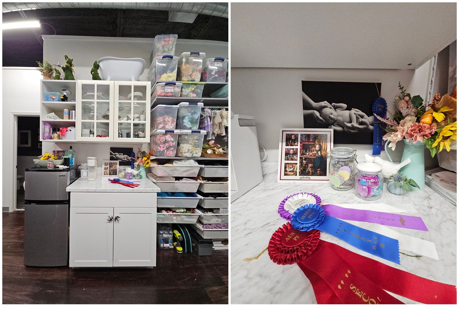 The Valerie Kay Photography back room kitchen.  Where clients can access small snacks and drinks.  counter features a stack of award ribbons